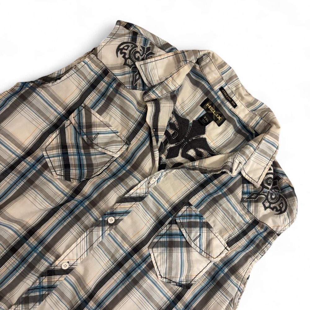 Vintage Helix Plaid Sleeveless Tribal Embroidered Button Up Shirt XXL Mens Y2K